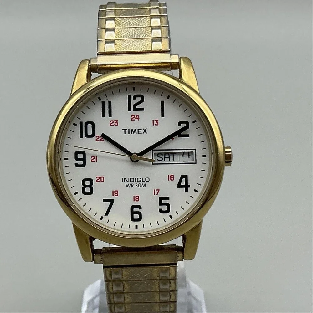 Timex Easy Reader Indiglo Mens Watch 35mml Gold Tone Day Date New Battery